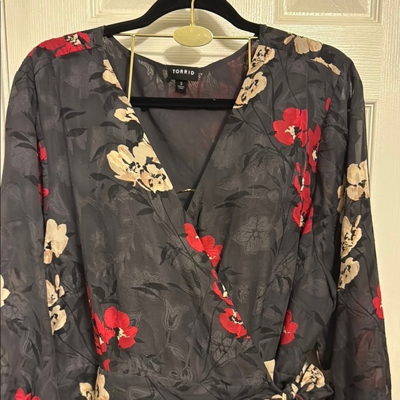 Torrid Red and Pink Wrap Sundress with Bishop Sleeves - Picture 2 of 13